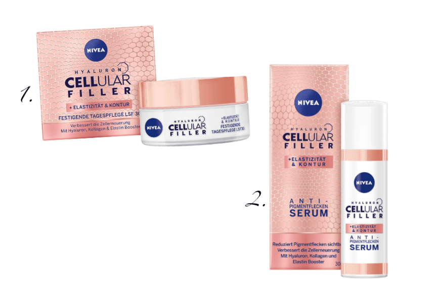 ... sie schwört auf die Produkte von Nivea.
1. Nivea ″Hyaluron Cellular Filler Festigende Tagespflege LSF 30″, hier für ca. 11 Euro shoppen
2. Nivea ″Hyaluron Cellular Filler Anti-Pigmentflecken Serum″, hier für ca. 11 Euro shoppen