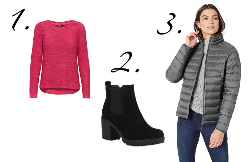 Weitere Must-haves:
1. Only Pullover, hier ab ca. 11 Euro
2. stiefelparadies Stiefeletten mit Absatz, hier ab ca. 24 Euro
3. Amazon Essentials Daunenjacke, hier für ca. 35 Euro