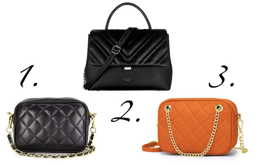 1. Belli - Schwarze Umhängetasche, hier kaufen für ca. 50 Euro
2. David Jones - Gesteppte Handtasche, hier kaufen für ca. 40 Euro
3. Wind Took - Orangene Tasche, hier kaufen für ca. 22 Euro