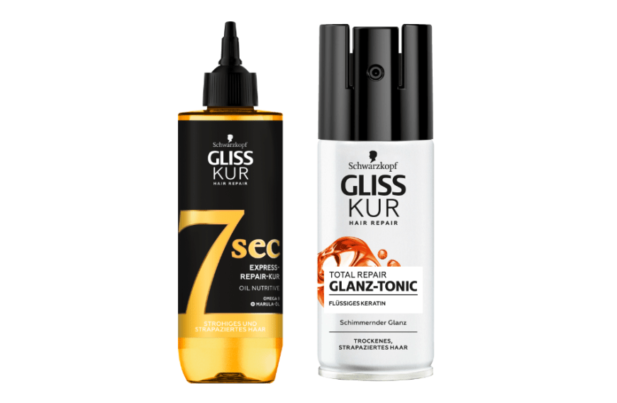 Sein Tipp: die GLISS KUR 7 SEC Express-Repair-Kuren sowie das ′GLISS KUR Total Repair Glanz-Tonic′ für trockenes und strapaziertes Haar.