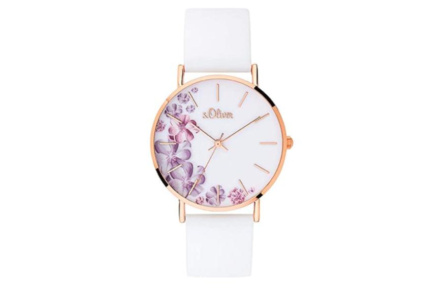 Flower Power ist perfekt für den Sommer! Diese stylische Analog Quarz Armbanduhr von s.Oliver mit floralen Elementen kostet gerade nur knapp 27 Euro statt 50 Euro - du sparst also 46 Prozent!