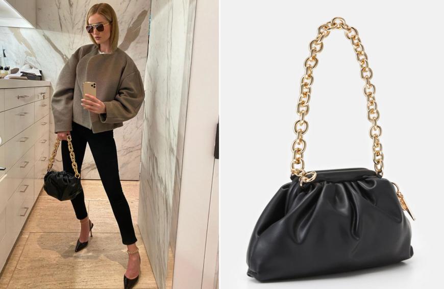 Model Rosie Huntington-Whiteley hat sich für eine schwarze Variante der Trend-Tasche entschieden. Auch hier ist die dicke goldene Kette ein eleganter Kontrast zur Puffy Bag. Wir haben uns für das Modell von River Island entschieden.
Hier kannst du die Handtasche für ca. 40 Euro shoppen.