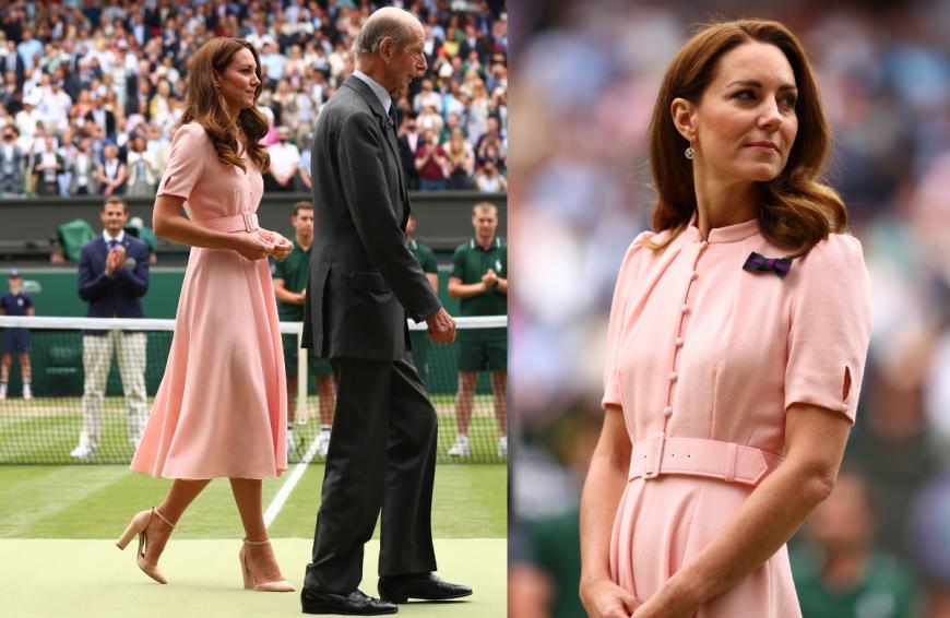 Zum Wimbledon-Finale trug Herzogin Kate im Juli 2021 ein bonbonrosa Kleid von dem Londoner Label Beulah. Raffinierte Details wie Knopfleiste und Gürtel machen das Kleid besonders.