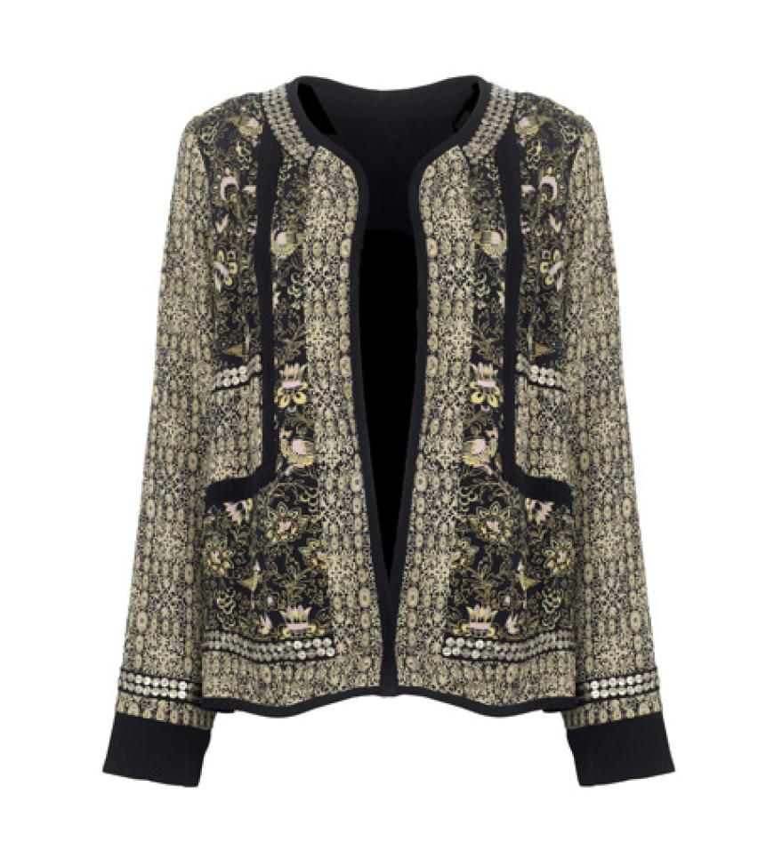 Diese Woche läuten wir eine neue Ära ein! Die gold-schwarze Ära der Mode: Pailletten, Stickereien, Spitze und edle Stoffe, dazu Gold und Schwarz. Opulent und elegant – so wie dieser bestickte Blazer von Monsoon, ca. 110 Euro