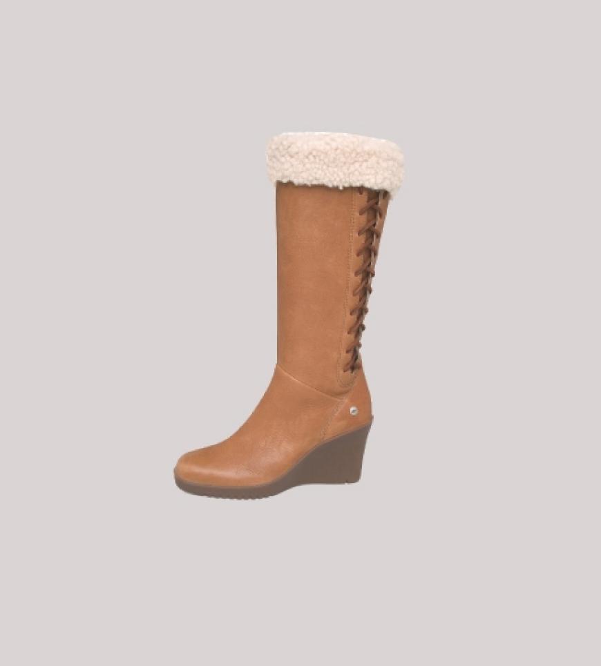 Seitliche Schnürung, Keilabsatz und Lammfell von %u2028Ugg, ca. 385 Euro