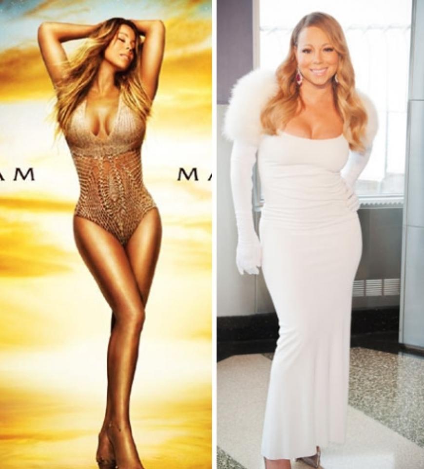 Von wegen alles ist echt! Die Stars schummeln sich schlanker, größer, oder faltenfrei - wir haben die Photoshop-Sünden aufgespürt! Mariah Carey präsentiert ihren makellosen Körper auf ihrer neuen CD - in echt hat die Sängerin einige Pfunde mehr auf den Hüften. Autsch!
