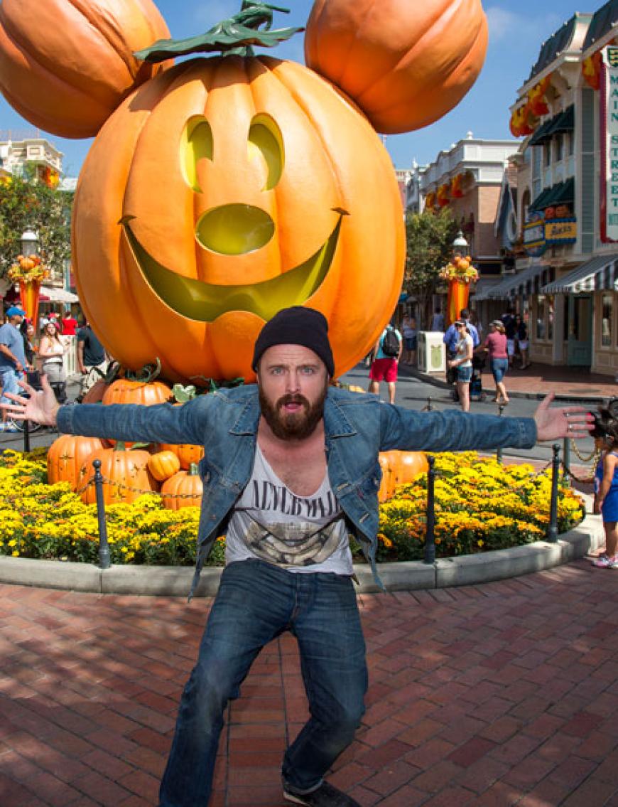 Vor dem könnte man ja richtig Angst bekommen - also vom XXL-Mickey-Maus-Kürbis hinter Aaron Paul