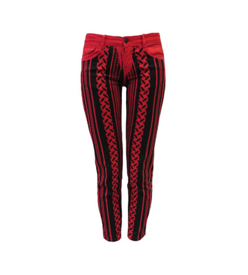 24. September 2012: Diese Röhre rockt! Ultra-coole Print-Jeans mit klassischem Kufiya-Muster in Rot von Lala Berlin, ca. 280 Euro