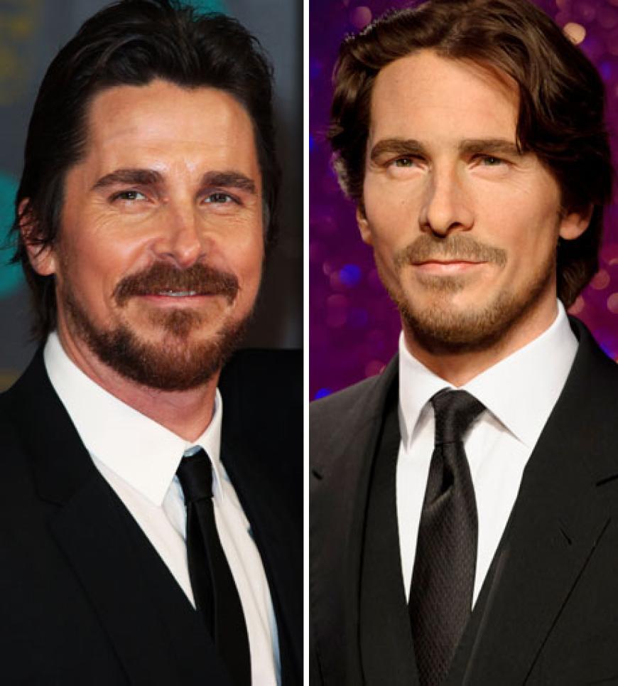 Links das Original, rechts die Wachsfigur: Hollywood-Star Christian Bale ist deutlich männlicher als sein Double. Bei