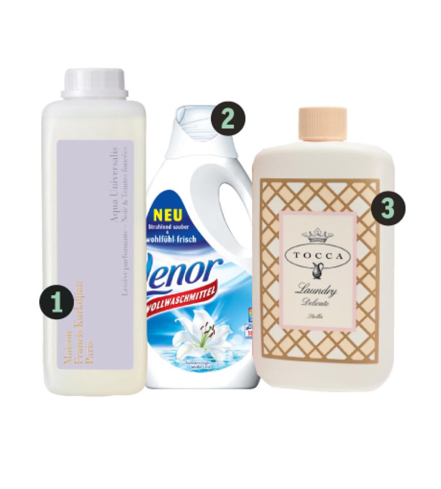 1. Aqua Universalis Waschmittelkonzentrat
für dunkle Wäsche" von Maison Francis
Kurkdjian Paris, 1 Liter ca. 35 Euro
2. Vollwaschmittel Sommerregen und
Weiße Lilie" von Lenor, 1 Liter ca. 5 Euro
3. Laundry Delicate Stella" von Tocca, 1. Aqua Universalis Waschmittelkonzentrat
für dunkle Wäsche" von Maison Francis
Kurkdjian Paris, 1 Liter ca. 35 Euro
2. Vollwaschmittel Sommerregen und
Weiße Lilie" von Lenor, 1 Liter ca. 5 Euro
3. Laundry Delicate Stella" von Tocca,