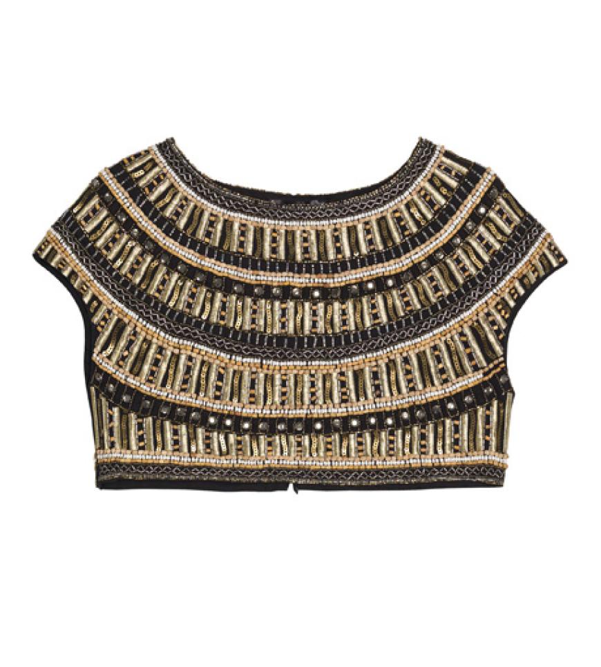 Kurzes Top mit goldenen Stäbchen, Perlen und Nieten von Zara, ca. 90 Euro