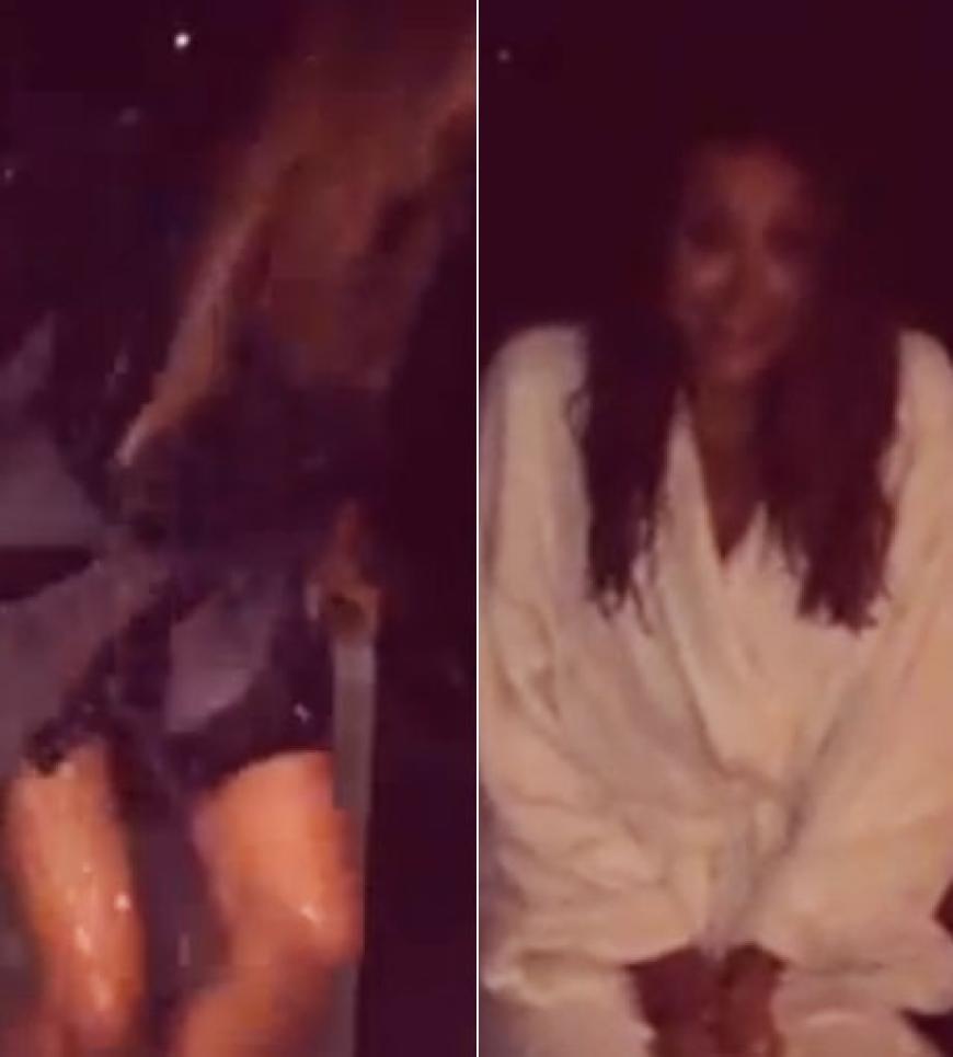 KREISCH! Mandy Capristo springt schreiend auf, als sie von dem Eiswasser durchnässt wird (l.): Danach nominiert sie unter anderem Sara Nuru
