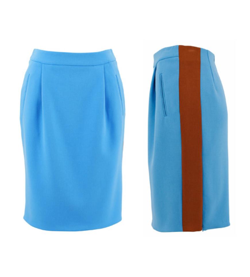 29. September 2012: Raffiniert! Der himmelblaue Pencilskirt von Baum und Pferdgarten zieht mit dem kontrastierenden Seitenstreifen alle Blicke auf sich, ca. 195 Euro