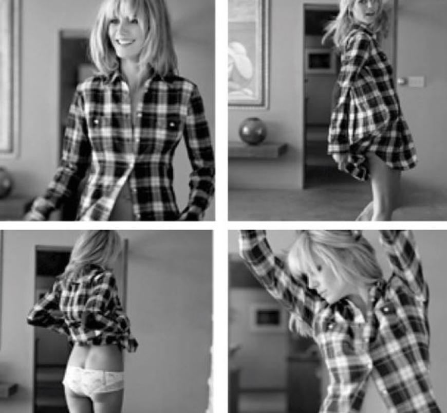 Heidi Klum hüpft gut gelaunt und nur mit einem Holzfällerhemd und einem knappen Höschen bekleidet herum