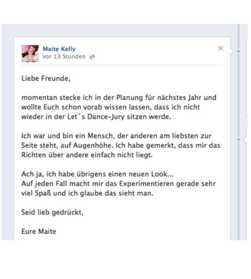 Maite gibt über Facebook bekannt, dass sie nicht weiter in der Jury von