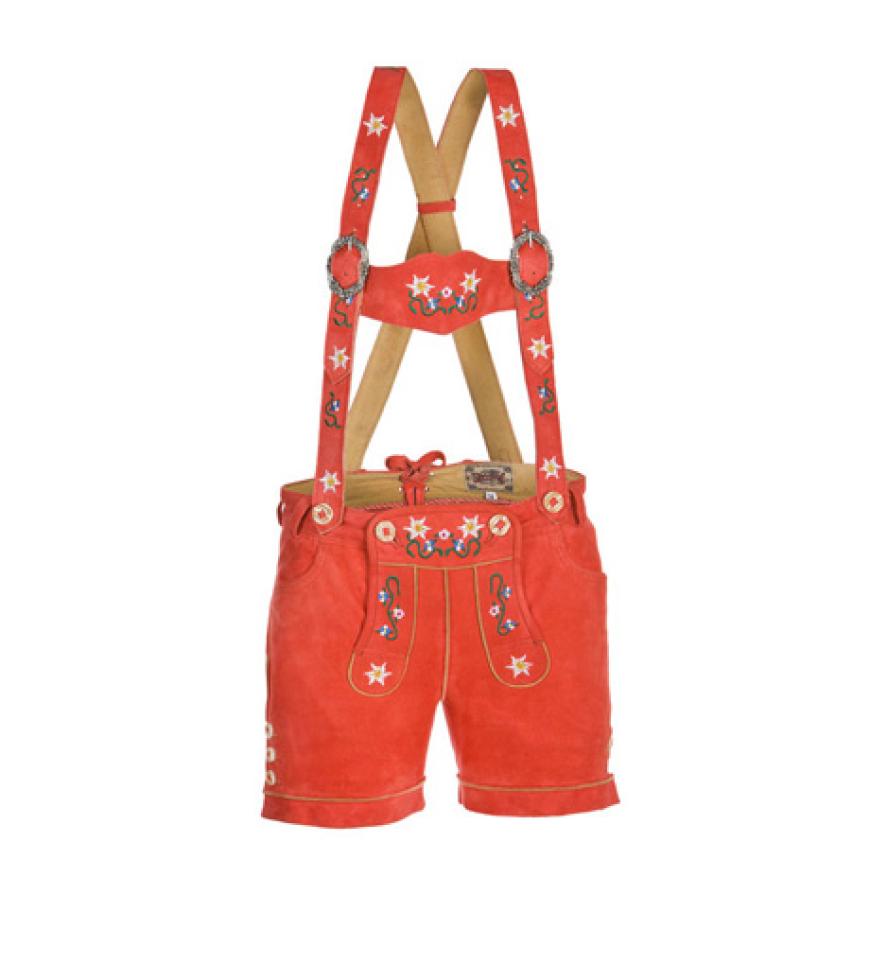 Die macht was her. Die rote Lederhose mit Blumen-Prints ist von Charles Vögele, ca. 140 Euro