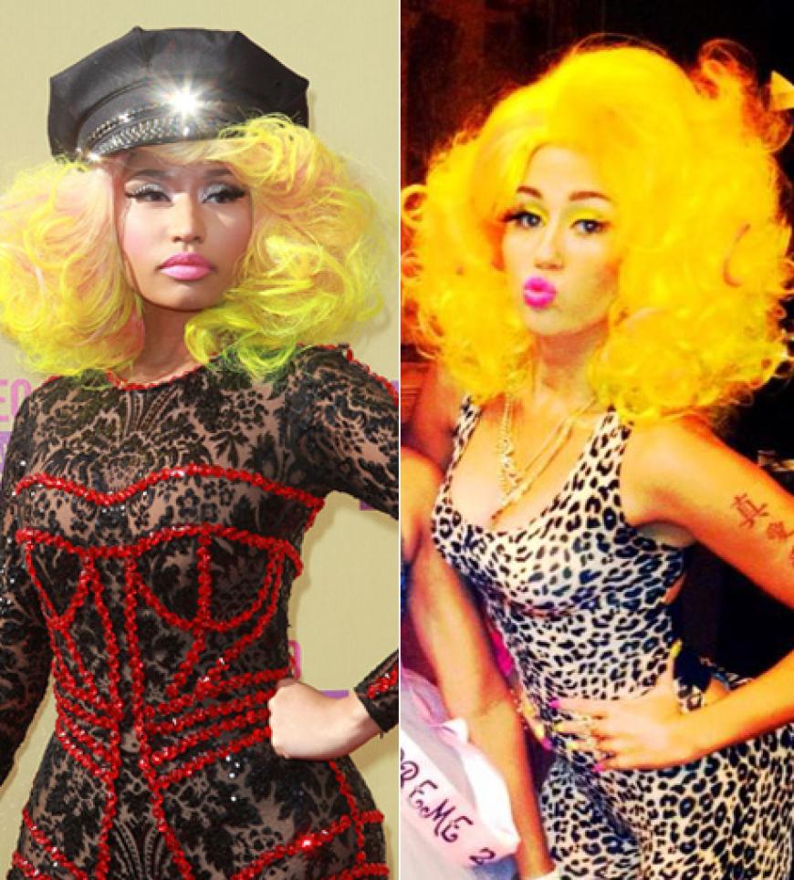 Links das Original, rechts die Fälschung: Rap-Göre Nicki Minaj (l.) und die als Minaj verkleidete Miley Cyrus!