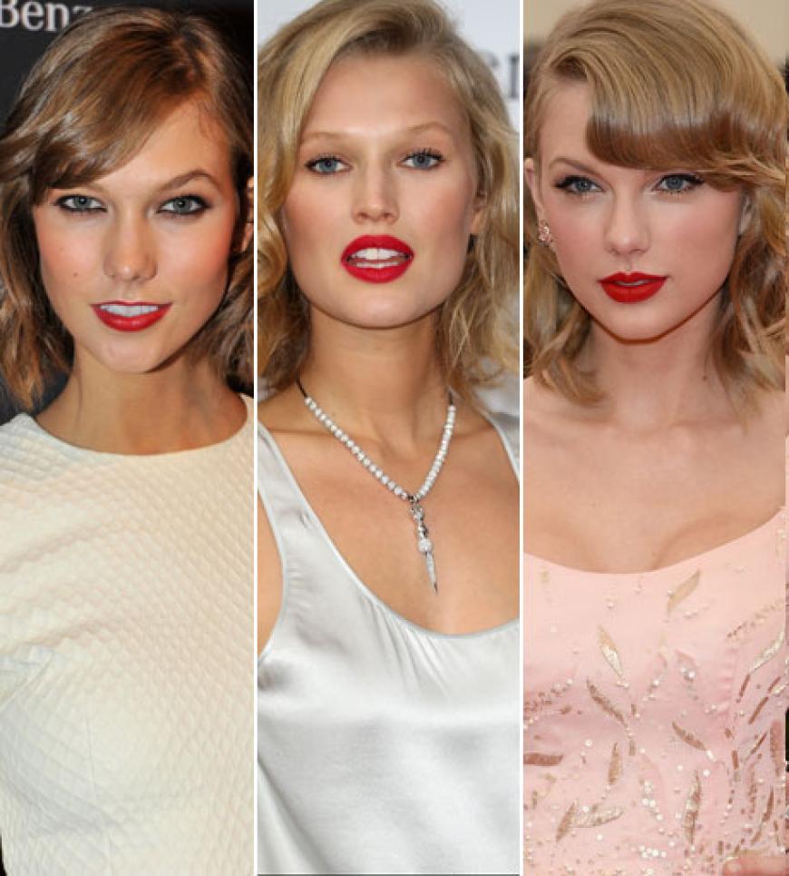 Flotter Dreier: diese Damen haben doch verblüffende Ähnlichkeit: Modle Karlie Kloss, Kollegin Toni Garrn und Superstar Taylor Swift mit Bob und knallroten Lippen. Heiß!