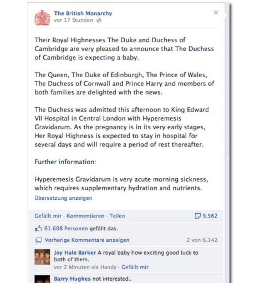Prinz Williams Büro Clarence House ließ am Montag, 3. Dezember 2012, offiziell verkünden, dass Herzogin Kate schwanger ist.