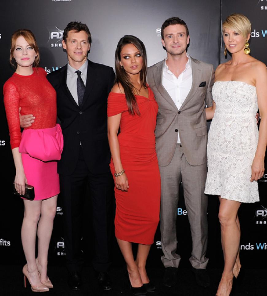 Das ganze Team auf einem Blick: Emma Stone, Regisseur Will Gluck, Mila Kunis, Justin Timberlake und Jenna Elfman