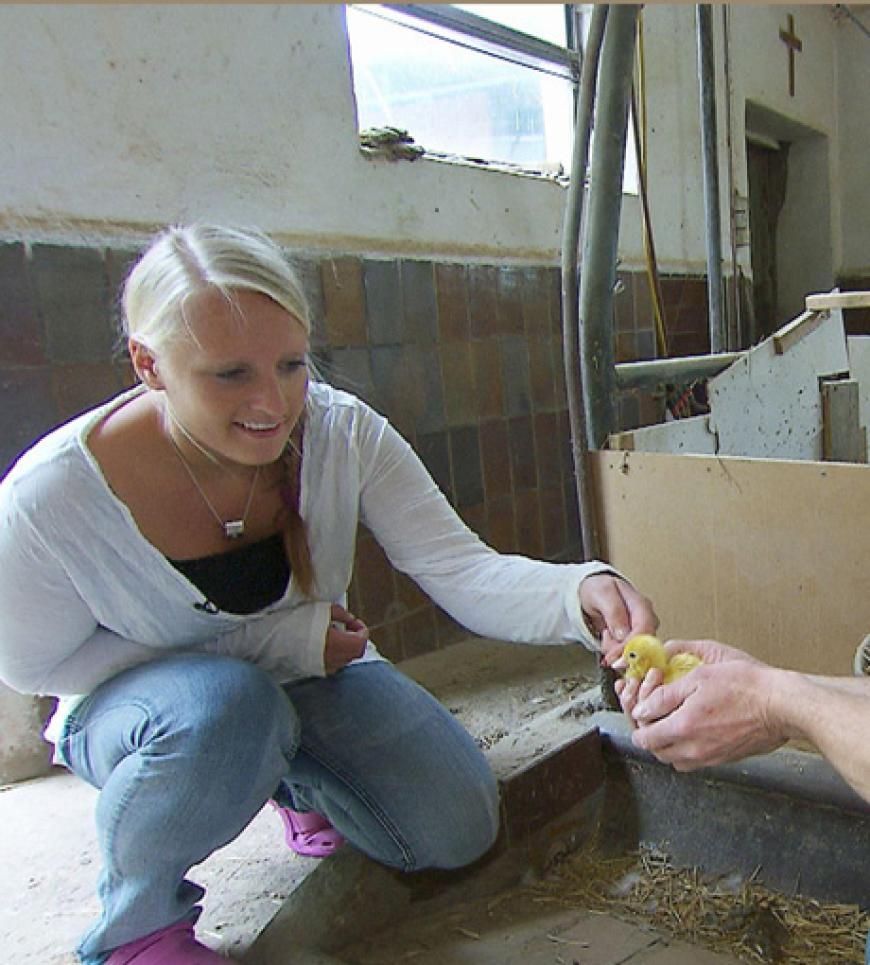 Mit einem Blumenstrauß begrüßt er die blonde Zahnarzthelferin und zeigt ihr seinen Hof - und die Küken