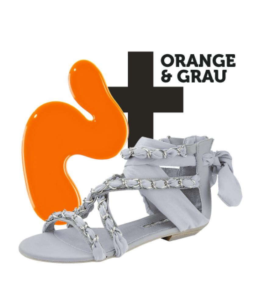 Lack „Sommer – Feeling – Nr. 084“ von BeYu, ca. 6 Euro; Schuhe: Graue Sandalen mit Stoffbändern und aufgenähter silberfarbener Gliederkette von Buffalo, ca. 50 Euro
