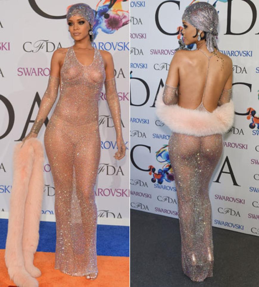 Rihanna is back! Die Sängerin zeigt bei den CFDA Awards so gut wie alles! Einen BH braucht sie nicht, untenrum entscheidet sie sich für einen, für ihre Verhältnisse, züchtigen String