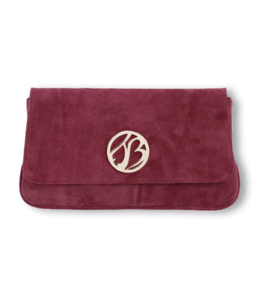 Clutches: Aus weinrotem Wildleder mit goldfarbenem Logo von Tosca Blu, ca. 115 Euro
