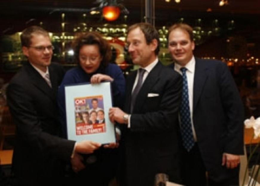 Von links nach rechts: Kai Rose (Verleger Klambt Verlag), Regina von Flemming (Geschäftsführerin Flemmimg & Partner), Richard Desmond (Verleger Northern & Shell) und Lars Joachim Rose (Verleger Klambt Verlag)