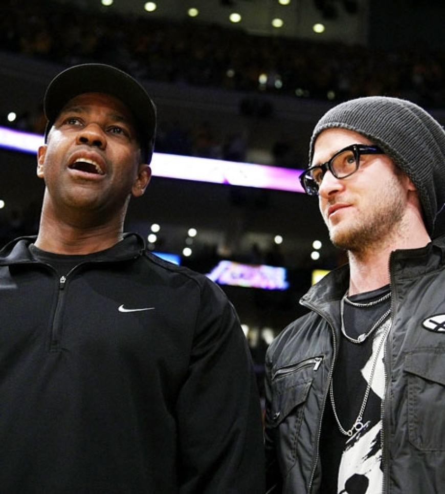 Ob sich Denzel und Justin über Filme oder die Musik unterhalten? Wohl eher beides nicht, es sieht vielmehr nach sportlichen Fachgesprächen aus
