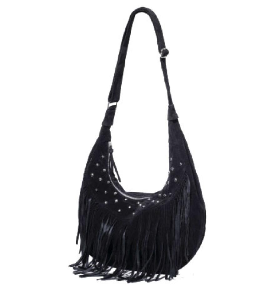Lässig sind sie, die neuen Fransentaschen! Schultertasche mit
Nieten von New Yorker,
ca. 20 Euro