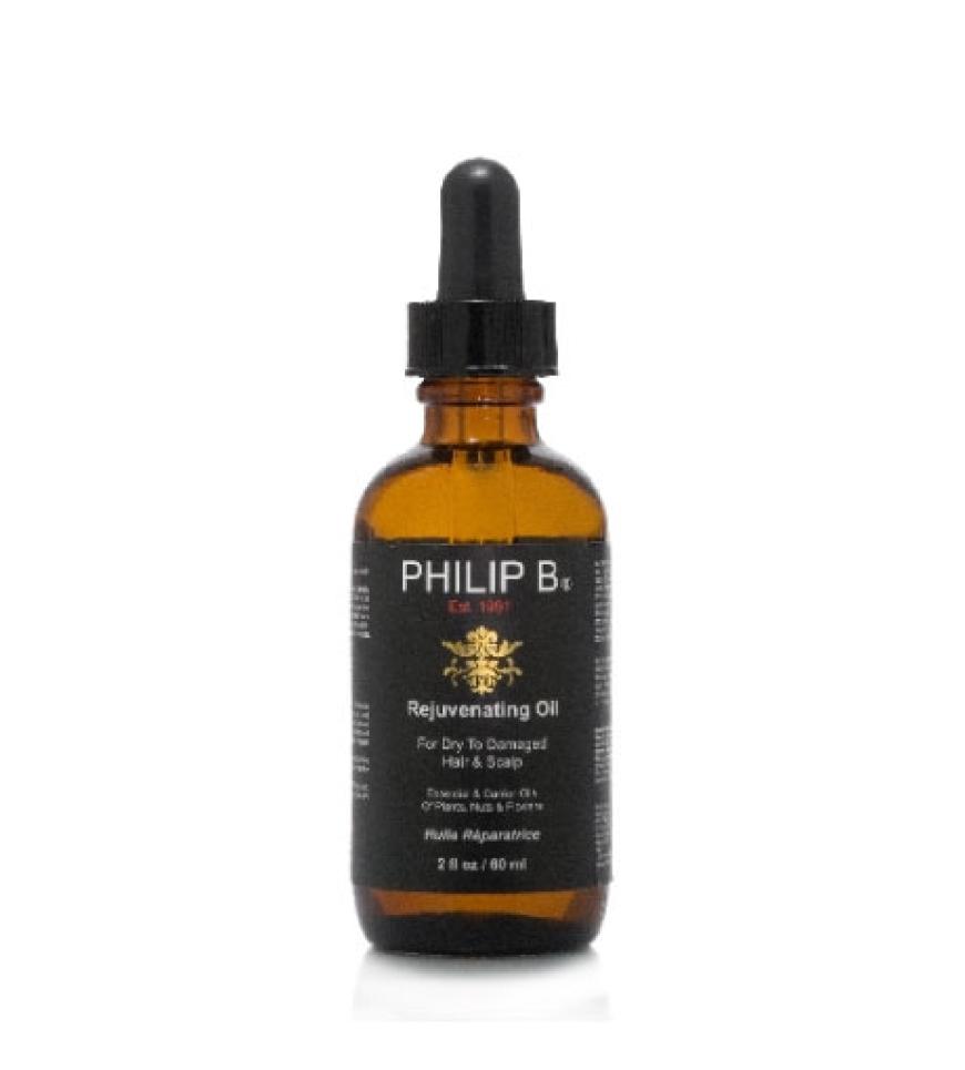 Rejuvenating Oil mit ätherischen Ölen aus zehn Pflanzen und Blumen beruhigt und hydriert trockene Kopfhaut, von Philip B., 60 ml ca. 36 Euro