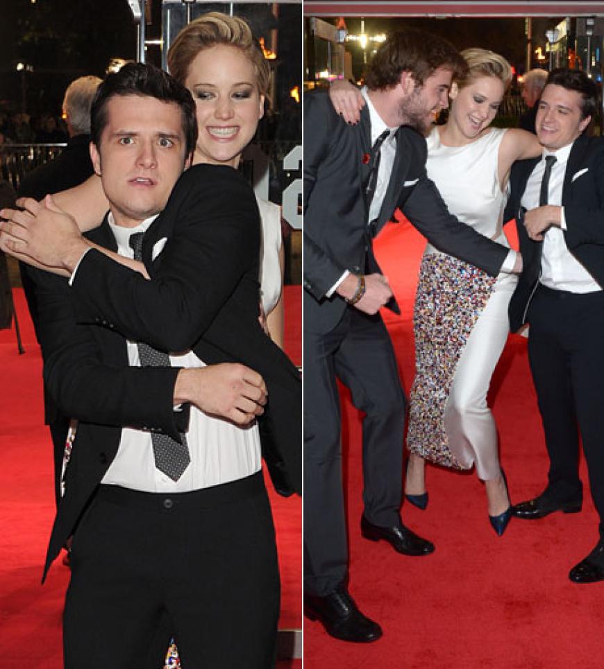 Jennifer Lawrence, Josh Hutcherson und Liam Hemsworth albern auf dem Red Carpet herum