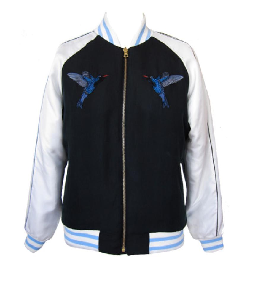 Edle Collegejacke mit Kolibri-Druck aus reiner Seide von Markus Lupfer, ca. 980 Euro