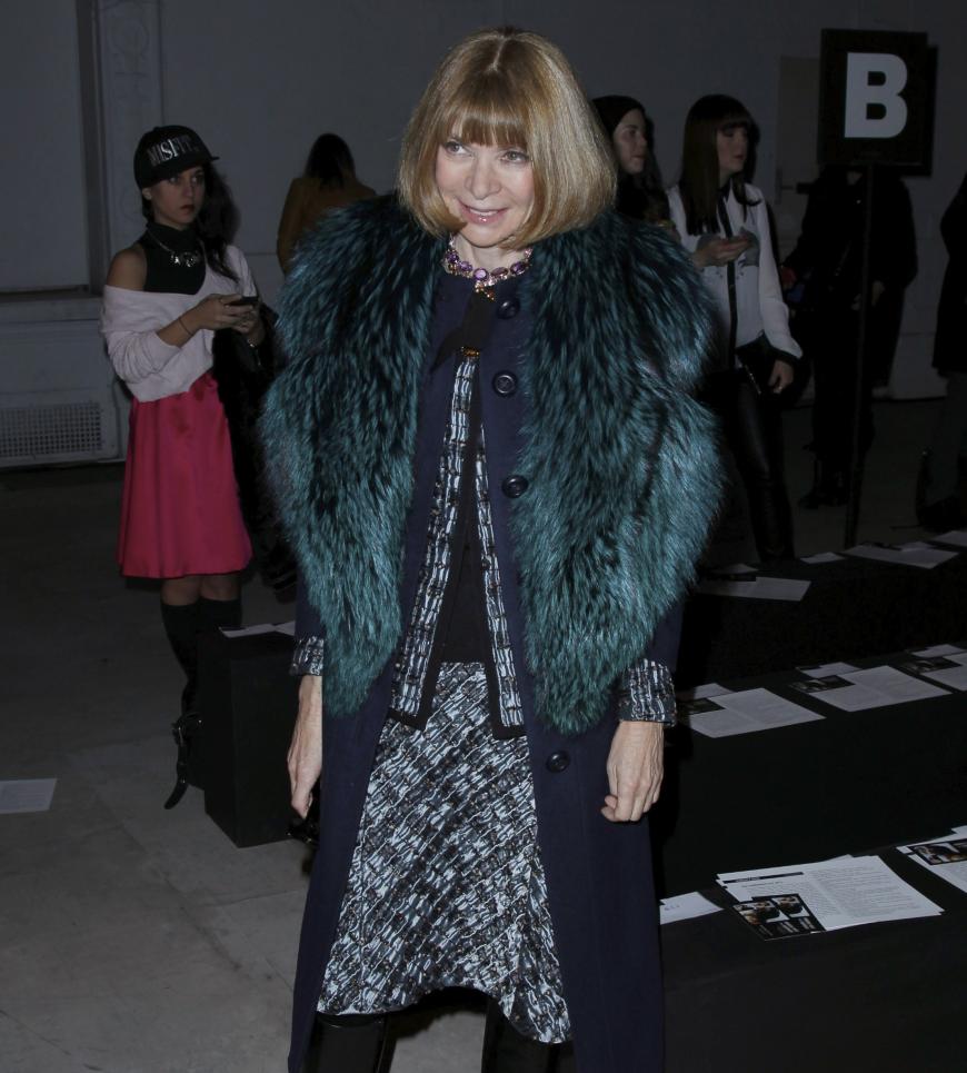 Anna Wintour kleidet sich ihrem Alter entsprechend in einem schicken Kostüm. Doch der Pelzbesatz an ihrem Mantel sieht aus wie das Krümelmonster aus der Sesamstraße.