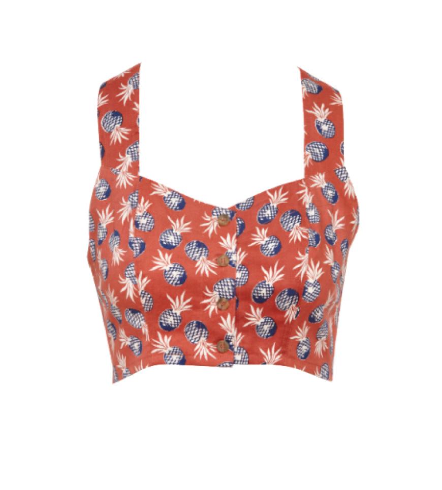 Ein Sommer ohne Obst? Undenkbar! Auch auf Shirts und Bustiers machen sich jetzt Kiwis, Bananen und Ananas breit. Ein Trend, den Muccia Prada entfachte – sie schickte ihre Models mit Kirschen- & Co.-Outfits über den Laufsteg. Asos, ca. 25 Euro