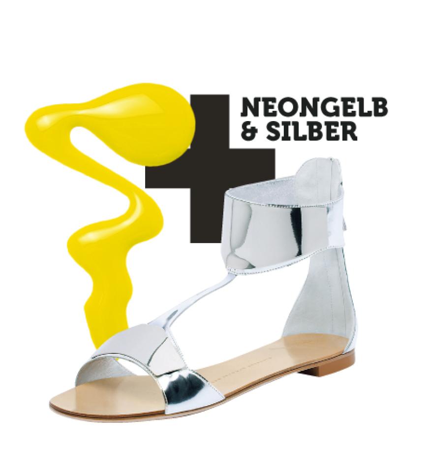 Lack „Olive and Lemon – Nr. 560“ von Make up Factory, ca. 9 Euro; Schuhe: Silberne Sandalen aus Kalbsleder mit Riemchen auf dem Spann von Guiseppe Zanotti, ca. 515 Euro