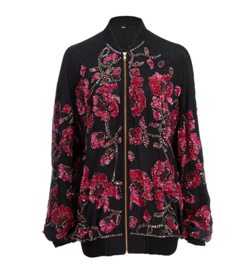 Bombig! Schwarzer Oversize-Blouson mit Strassblüten über asos.de, ca. 90 Euro