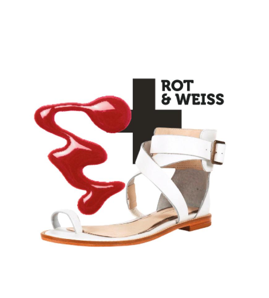 Lack „Nr.137“ von Misslyn, ca. 5 Euro; Schuhe: Weiße Ledersandalen mit Doppelschnalle und Zehenschlaufe von Topshop über topshop.com, ca. 48 Euro