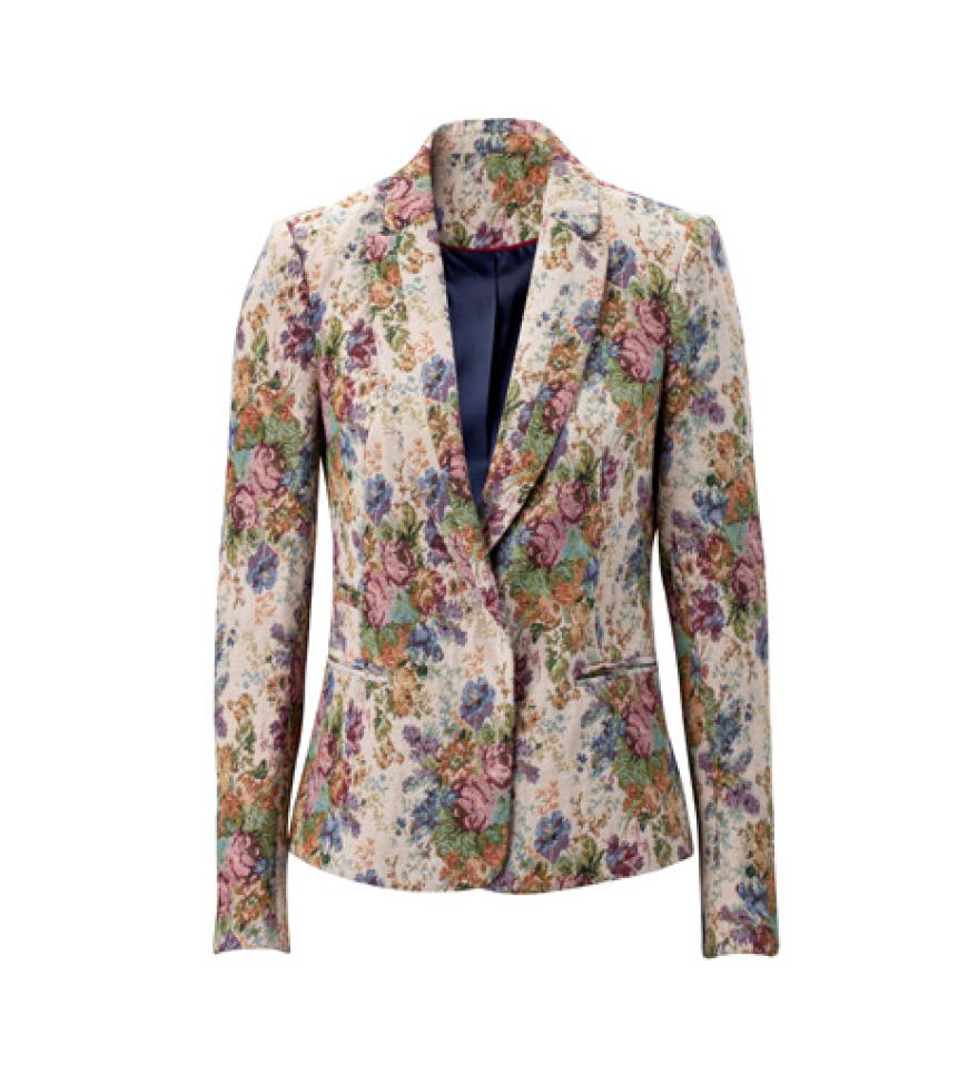 Heller Blazer mit floralem Muster von Stradivarius, ca. 50 Euro