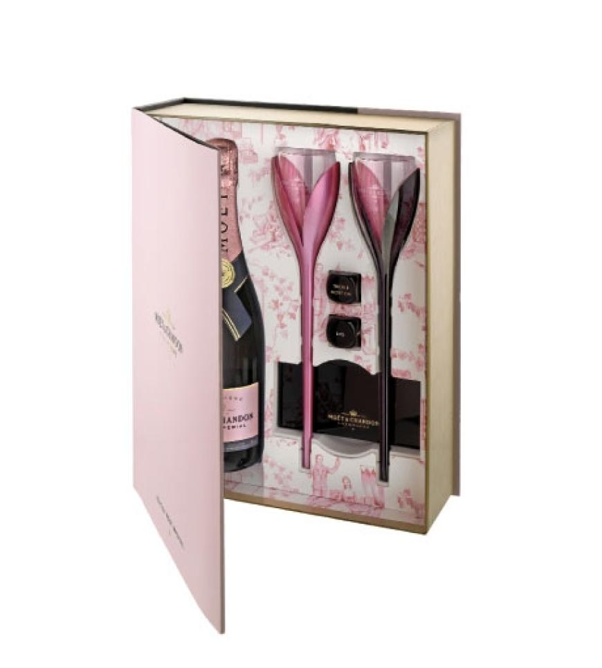 Geschenkset mit Rosé-Champagner und Gläsern in Blütenform von Moët & Chandon, ca. 80 Euro