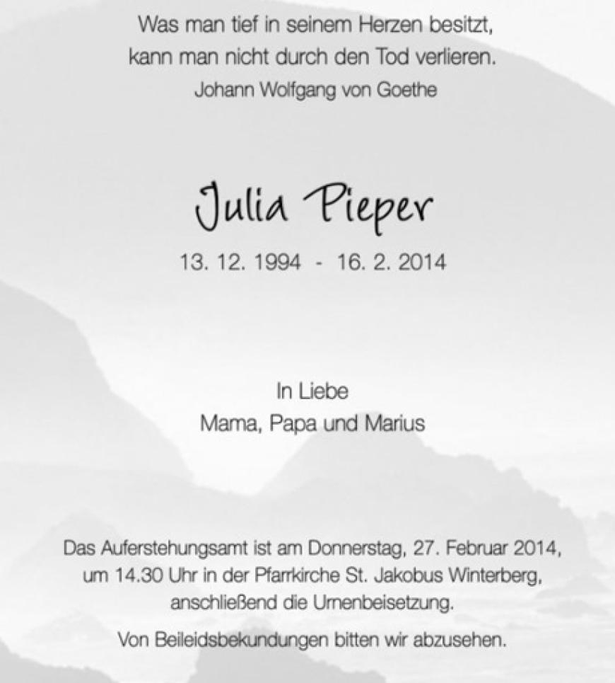 Mit dieser Anzeige nahm ihre Familie Abschied von der 19-Jährigen