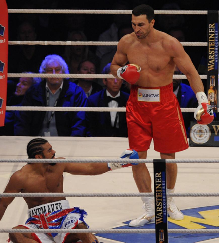 Er fiel nicht nur einmal zu Boden: Obwohl David Haye vor dem Kampf mehrmals mit seinem Großmaul aufgefallen war, musste er im Ring ordentlich einstecken