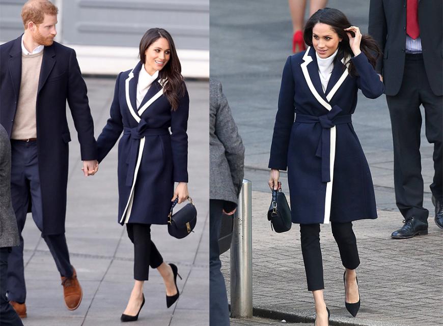 Am Weltfrauentag begab sich Meghan Markle mit ihrem Verlobten Prinz Harry nach Birmingham, wo sie die Menschenmassen mit ihrer klassischen Eleganz verzauberte. Ihr dunkelblauer Mantel mit Kontrastrevers (von J. Crew für ca. 260 Euro) und passendem Rollkragen war innerhalb weniger Minuten ausverkauft.