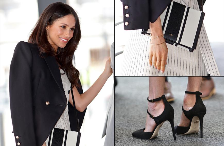 Beim diesjährigen Gipfeltreffen der Regierungschefs in London traute sich Meghan Markle was. Die ehemalige Schauspielerin erschien im gestreiften Retro-Latzkleid, ihre nackten Schultern verdeckte sie lässig mit einem schwarzen Blazer von Camilla and Marc, den sie später aber ablegte. Ein besonderer Hingucker waren der Beinschlitz und die breite Knopfleiste des Kleides. Dazu kombinierte die 36-Jährige schwarze High Heels sowie eine schwarz-weiße Umhängetasche.
