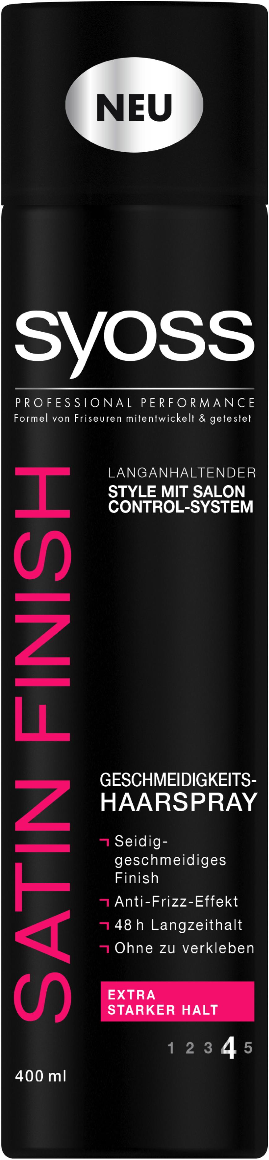 HALT UND GLANZ „Satin Finish Geschmeidigkeits- Haarspray“ von Syoss, ca. 4 Euro
