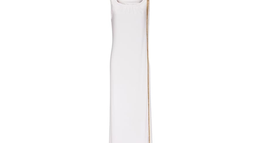 Dass Hochzeitsmode auch ohne opulente Rüschen, fluffige Volants und ausladende Verzierungen auskommt, beweist dieser minimalistisch-eleganter Entwurf: Maxikleid mit Goldleiste von Steffen Schraut, ca. 395 Euro Dass Hochzeitsmode auch ohne opulente Rüschen, fluffige Volants und ausladende Verzierungen auskommt, beweist dieser minimalistisch-eleganter Entwurf: Maxikleid mit Goldleiste von Steffen Schraut, ca. 395 Euro