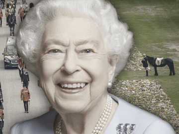 Queen Elizabeth II. lacht - im Hintergrund ein letzter Gruß ihres Lieblingsponys Emma auf dem Long Walk in Windsor am Tag der Trauerfeier
