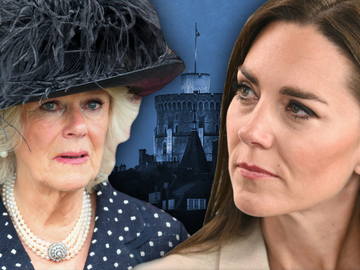 Prinzessin Kate vs. Queen Consort Camilla - im Hintergrund Schloss Windsor bei Nacht