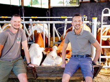 Jan Hendrik und Michael mit Kühen im Hintergrund